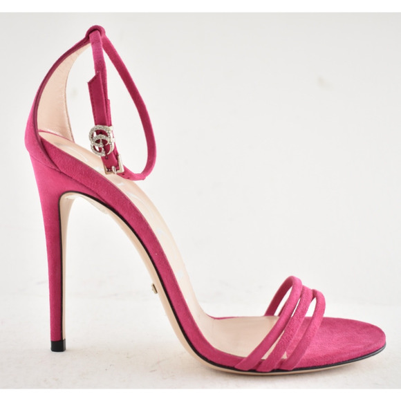 Gucci Ilse Bright Fuxia Pink Suede Crystal GG Logo Ankle Strap Heel Sandal 36 - Picture 2 of 14